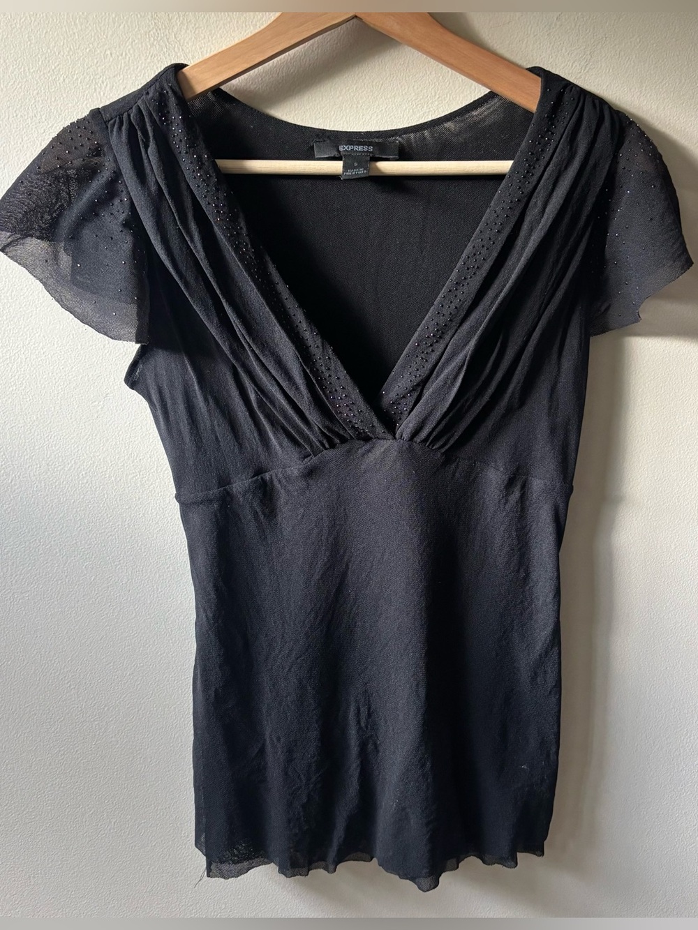 Express Black V-Neck Rhinestone Mesh Top